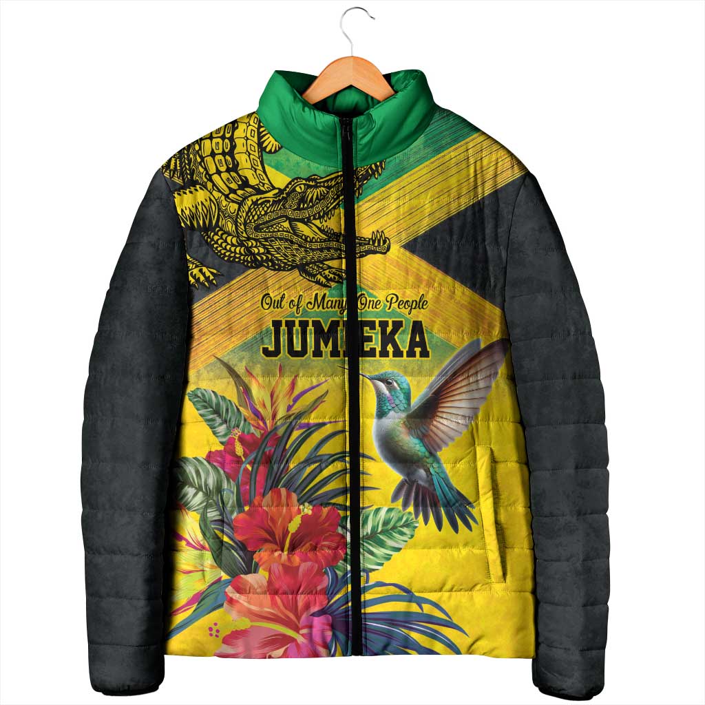 Personalized Jamaica Crocodile Hummingbird Padded Jacket Tropical Flowers Grunge Flag - Wonder Print Shop