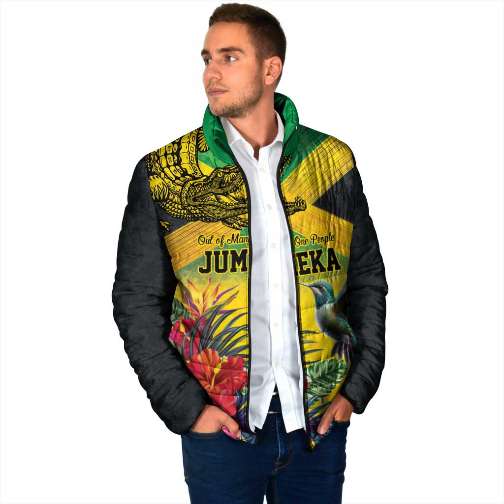 Personalized Jamaica Crocodile Hummingbird Padded Jacket Tropical Flowers Grunge Flag - Wonder Print Shop