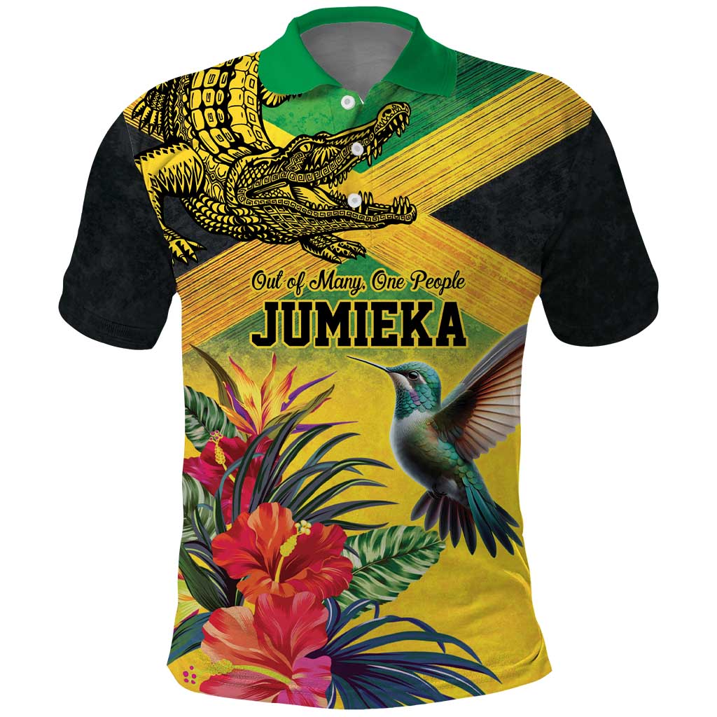 Personalized Jamaica Crocodile Hummingbird Polo Shirt Tropical Flowers Grunge Flag - Wonder Print Shop