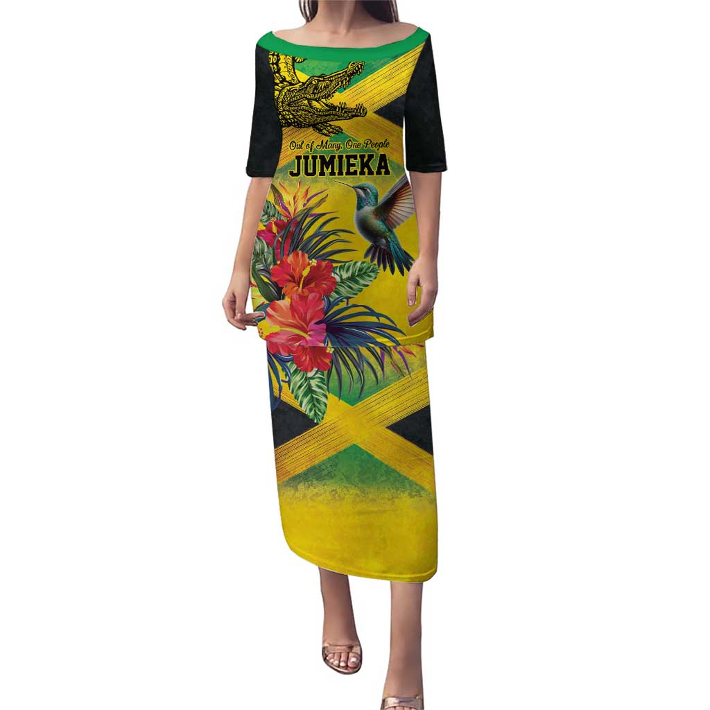 Personalized Jamaica Crocodile Hummingbird Puletasi Tropical Flowers Grunge Flag - Wonder Print Shop
