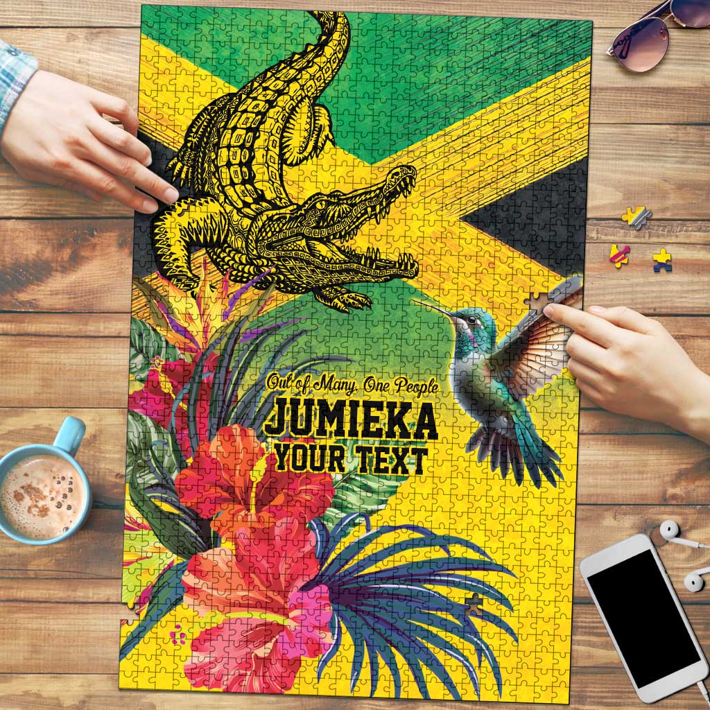 Personalized Jamaica Crocodile Hummingbird Puzzle Tropical Flowers Grunge Flag - Wonder Print Shop