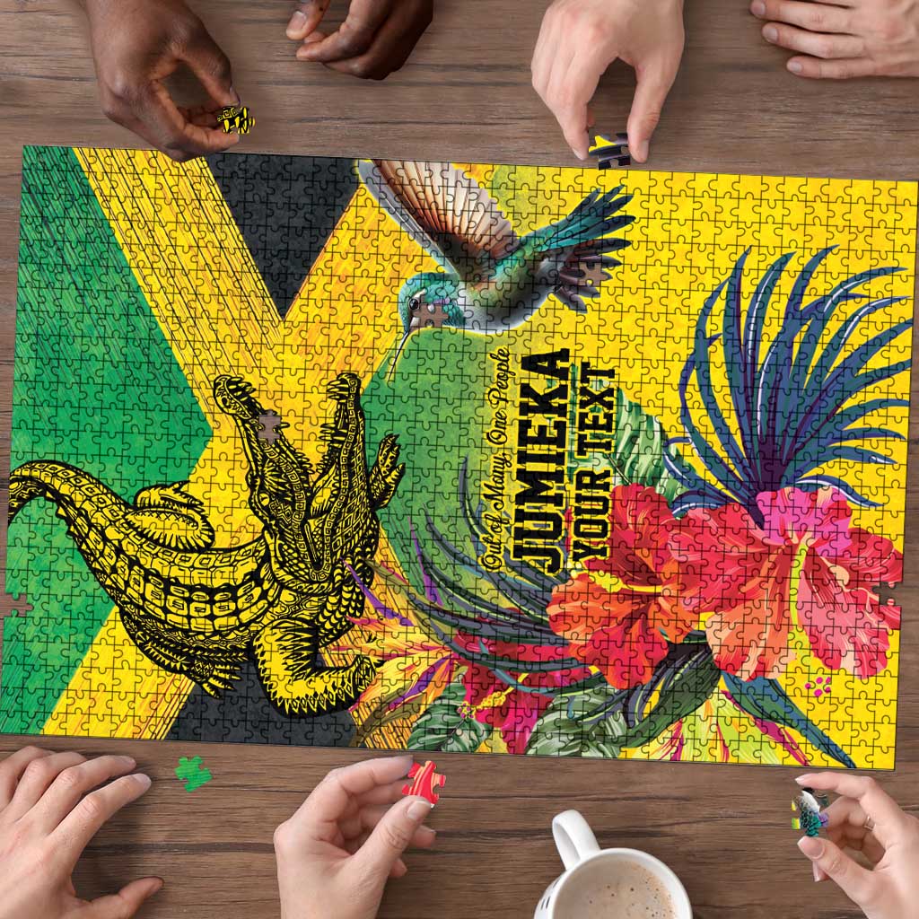 Personalized Jamaica Crocodile Hummingbird Puzzle Tropical Flowers Grunge Flag - Wonder Print Shop