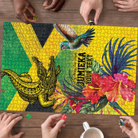 Personalized Jamaica Crocodile Hummingbird Puzzle Tropical Flowers Grunge Flag - Wonder Print Shop