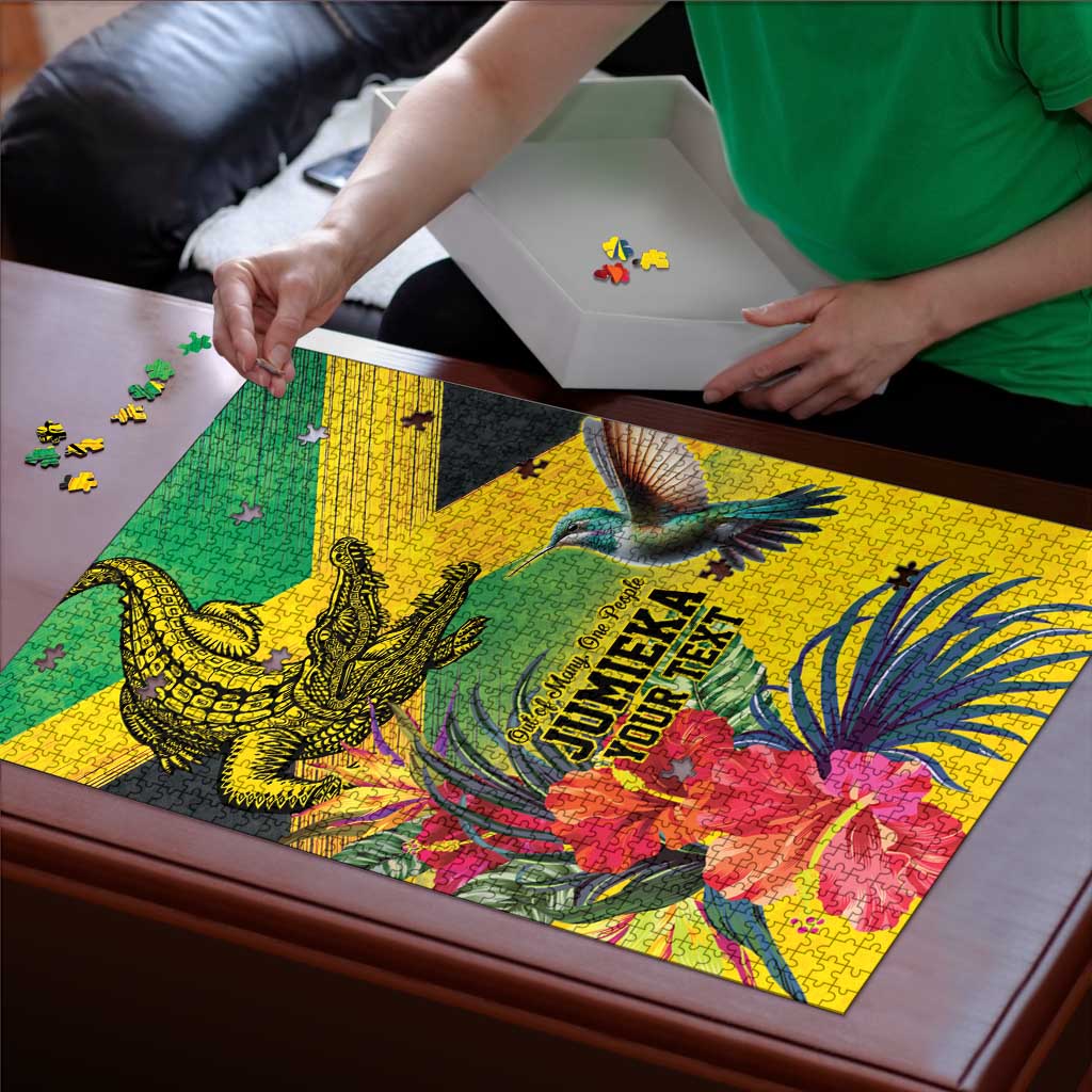 Personalized Jamaica Crocodile Hummingbird Puzzle Tropical Flowers Grunge Flag - Wonder Print Shop