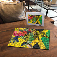 Personalized Jamaica Crocodile Hummingbird Puzzle Tropical Flowers Grunge Flag - Wonder Print Shop