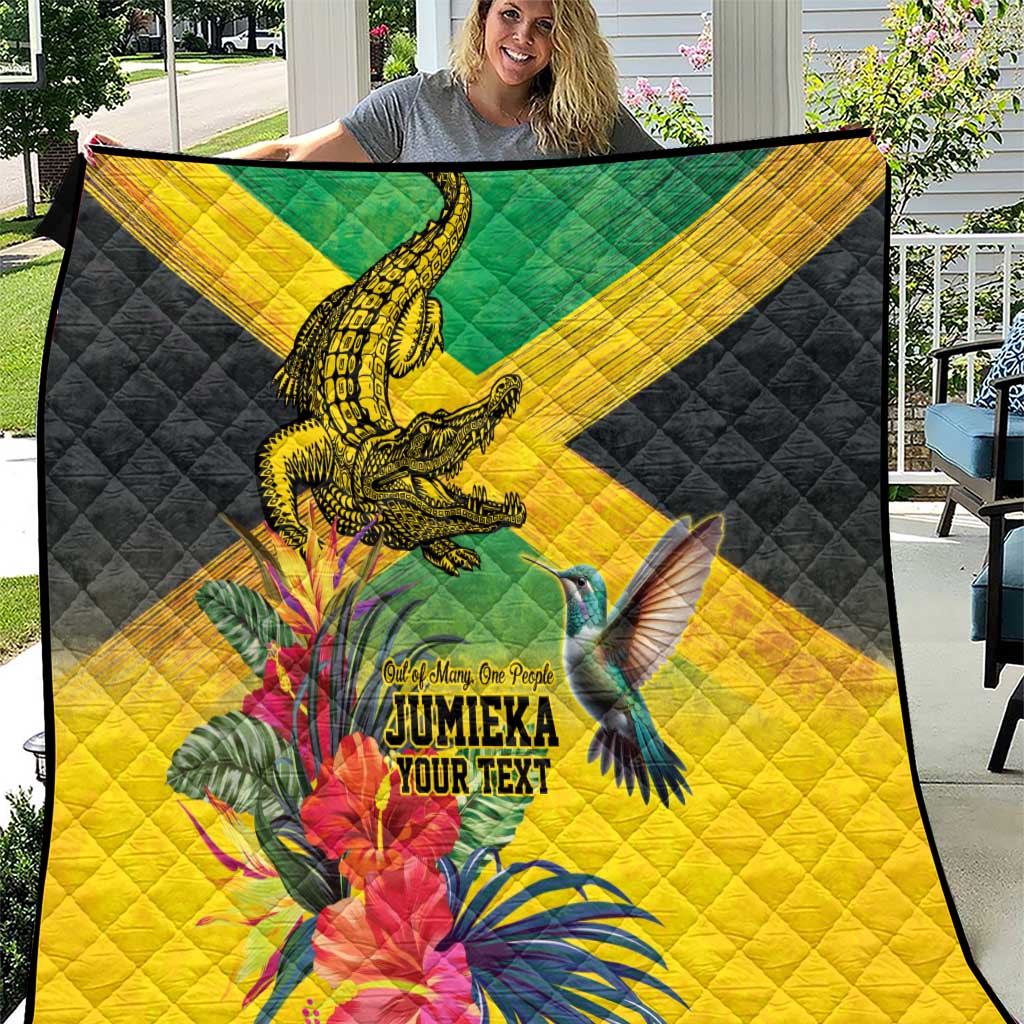 Personalized Jamaica Crocodile Hummingbird Quilt Tropical Flowers Grunge Flag - Wonder Print Shop
