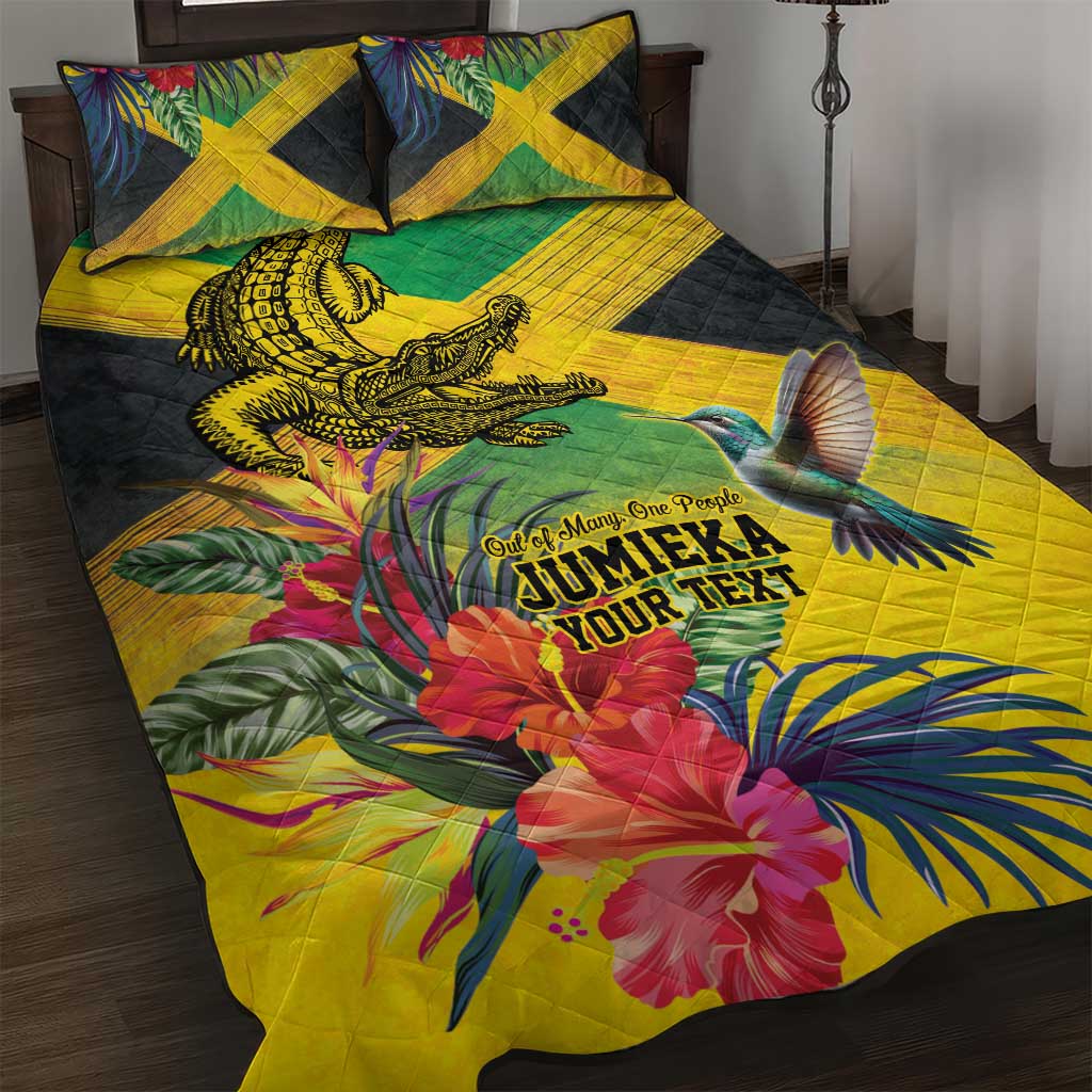 Personalized Jamaica Crocodile Hummingbird Quilt Bed Set Tropical Flowers Grunge Flag - Wonder Print Shop