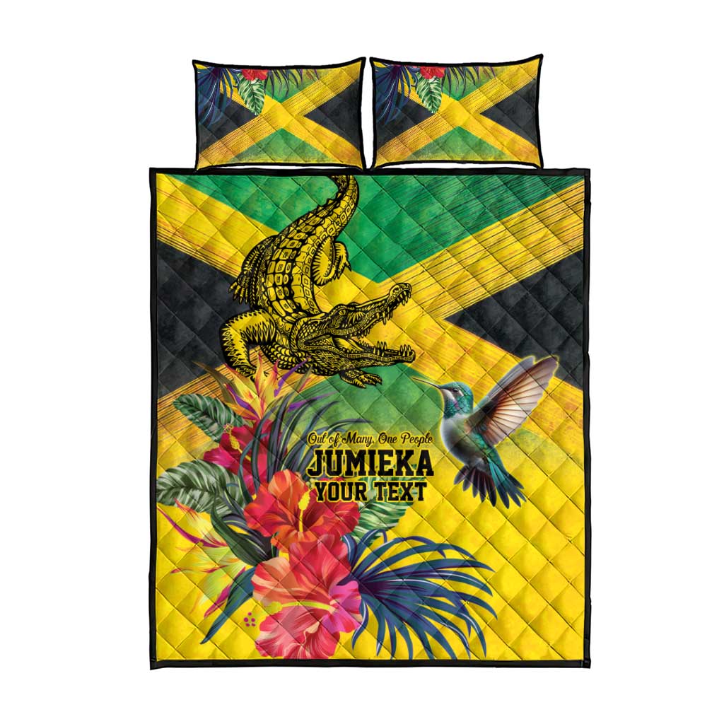 Personalized Jamaica Crocodile Hummingbird Quilt Bed Set Tropical Flowers Grunge Flag - Wonder Print Shop