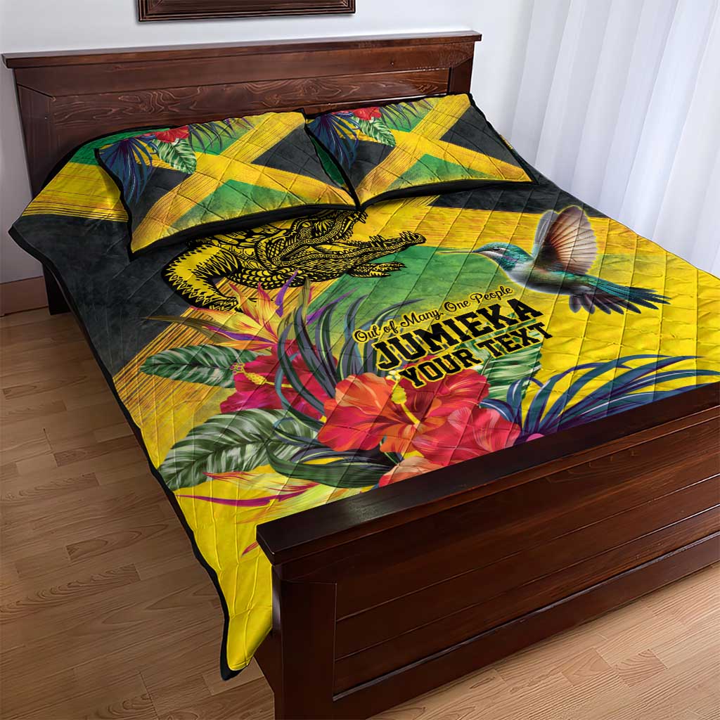 Personalized Jamaica Crocodile Hummingbird Quilt Bed Set Tropical Flowers Grunge Flag - Wonder Print Shop
