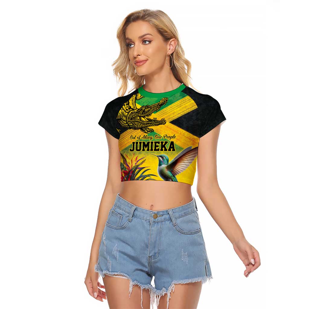 Personalized Jamaica Crocodile Hummingbird Raglan Cropped T Shirt Tropical Flowers Grunge Flag - Wonder Print Shop