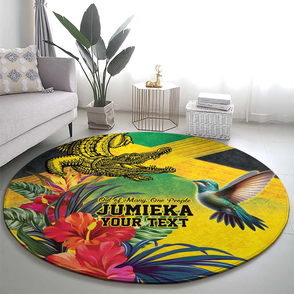 Personalized Jamaica Crocodile Hummingbird Round Carpet Tropical Flowers Grunge Flag - Wonder Print Shop