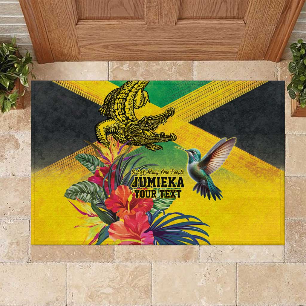 Personalized Jamaica Crocodile Hummingbird Rubber Doormat Tropical Flowers Grunge Flag - Wonder Print Shop