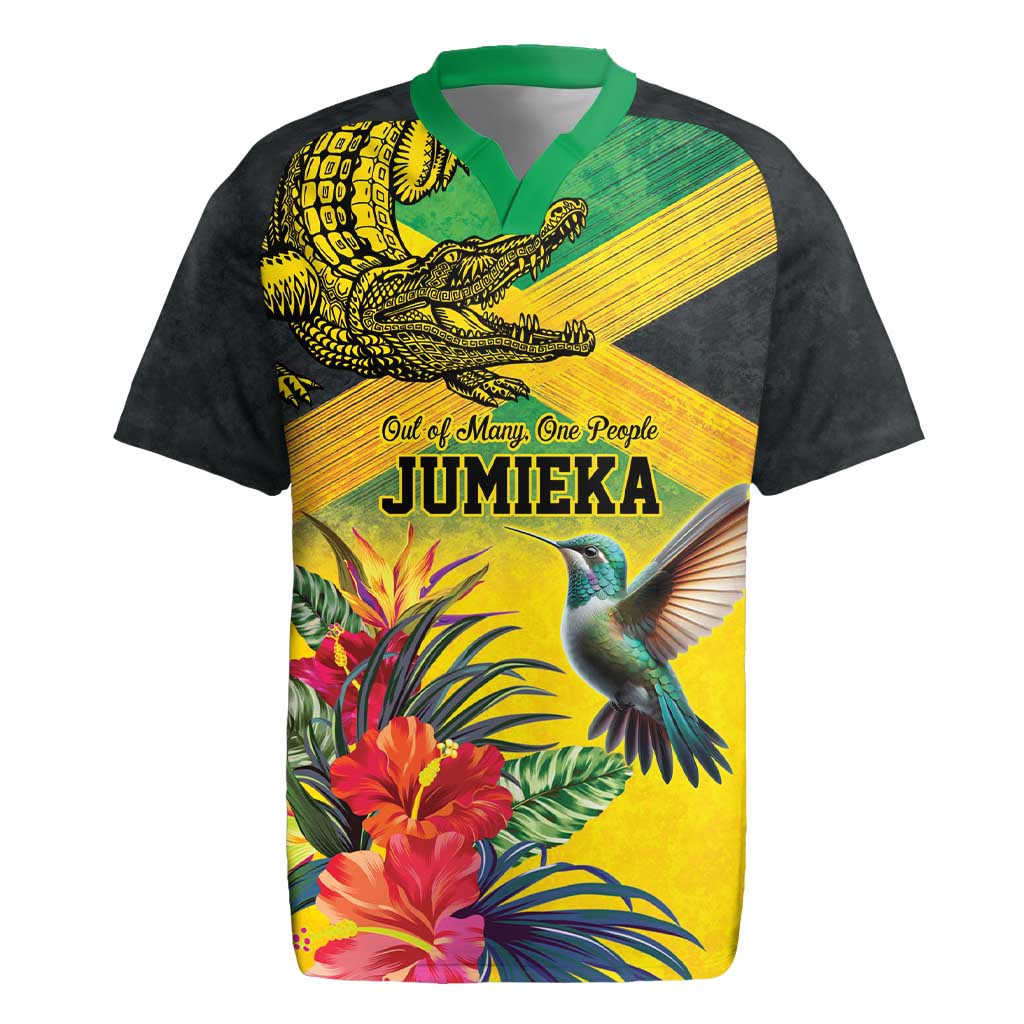 Personalized Jamaica Crocodile Hummingbird Rugby Jersey Tropical Flowers Grunge Flag - Wonder Print Shop