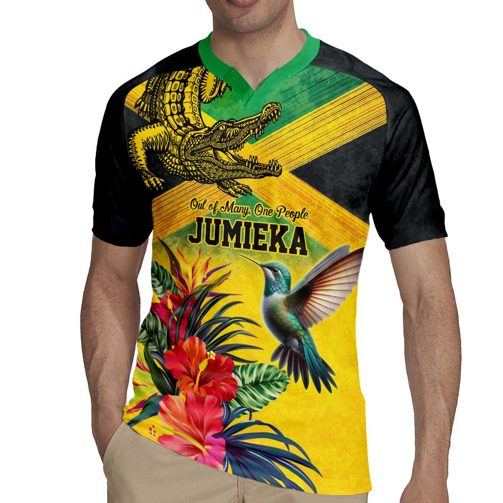 Personalized Jamaica Crocodile Hummingbird Rugby Jersey Tropical Flowers Grunge Flag - Wonder Print Shop