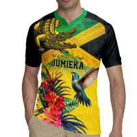 Personalized Jamaica Crocodile Hummingbird Rugby Jersey Tropical Flowers Grunge Flag - Wonder Print Shop