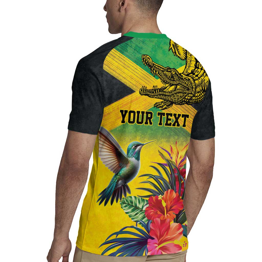 Personalized Jamaica Crocodile Hummingbird Rugby Jersey Tropical Flowers Grunge Flag - Wonder Print Shop