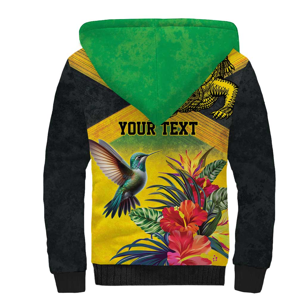 Personalized Jamaica Crocodile Hummingbird Sherpa Hoodie Tropical Flowers Grunge Flag - Wonder Print Shop