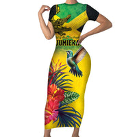 Personalized Jamaica Crocodile Hummingbird Short Sleeve Bodycon Dress Tropical Flowers Grunge Flag - Wonder Print Shop