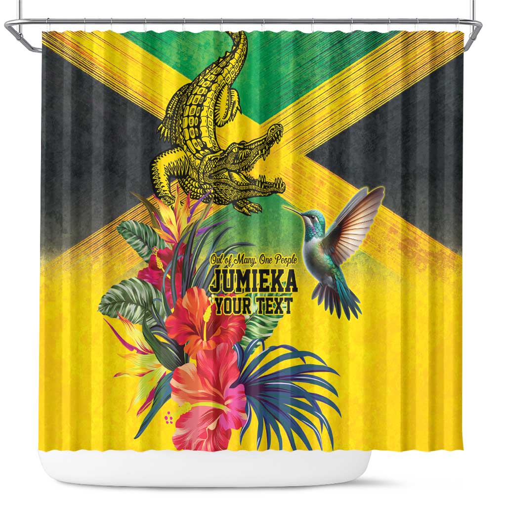 Personalized Jamaica Crocodile Hummingbird Shower Curtain Tropical Flowers Grunge Flag - Wonder Print Shop