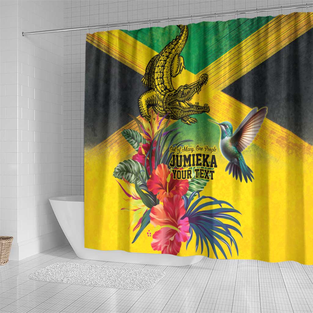 Personalized Jamaica Crocodile Hummingbird Shower Curtain Tropical Flowers Grunge Flag - Wonder Print Shop