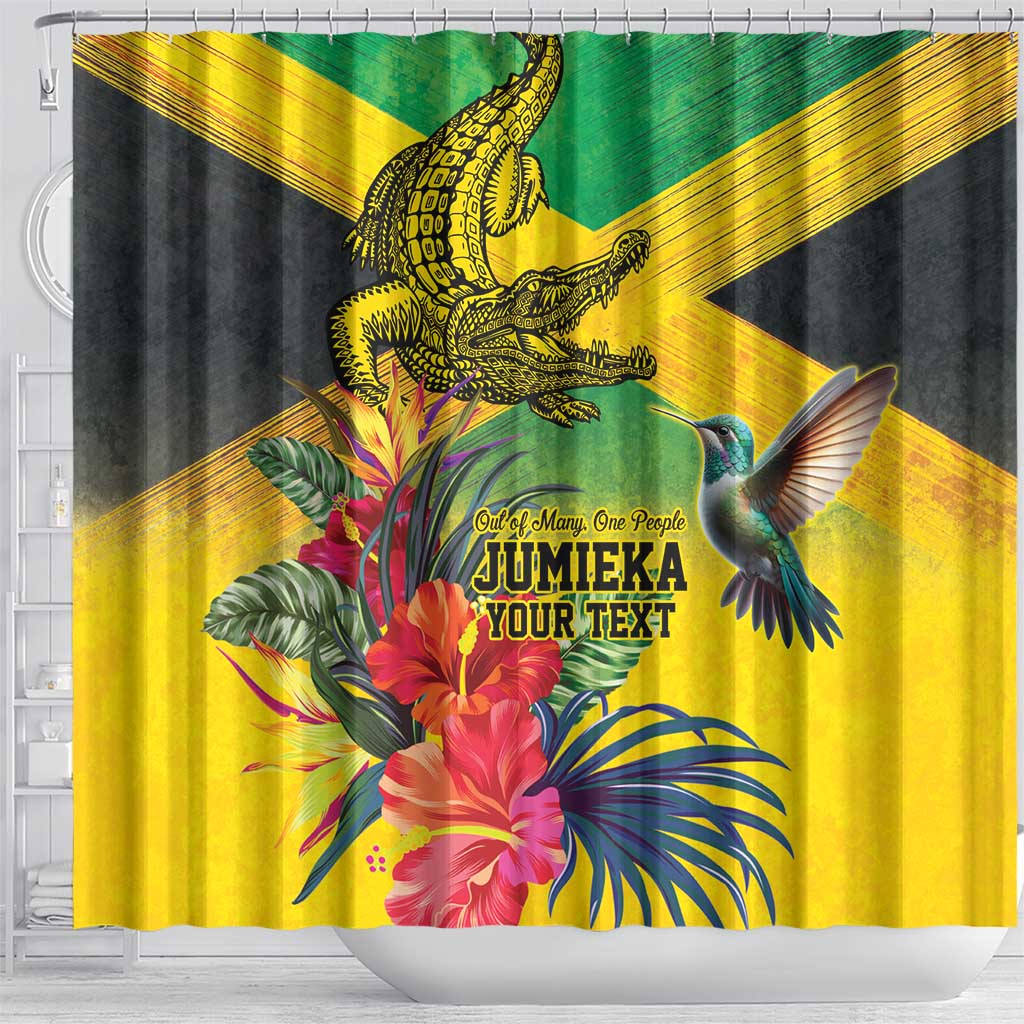 Personalized Jamaica Crocodile Hummingbird Shower Curtain Tropical Flowers Grunge Flag - Wonder Print Shop