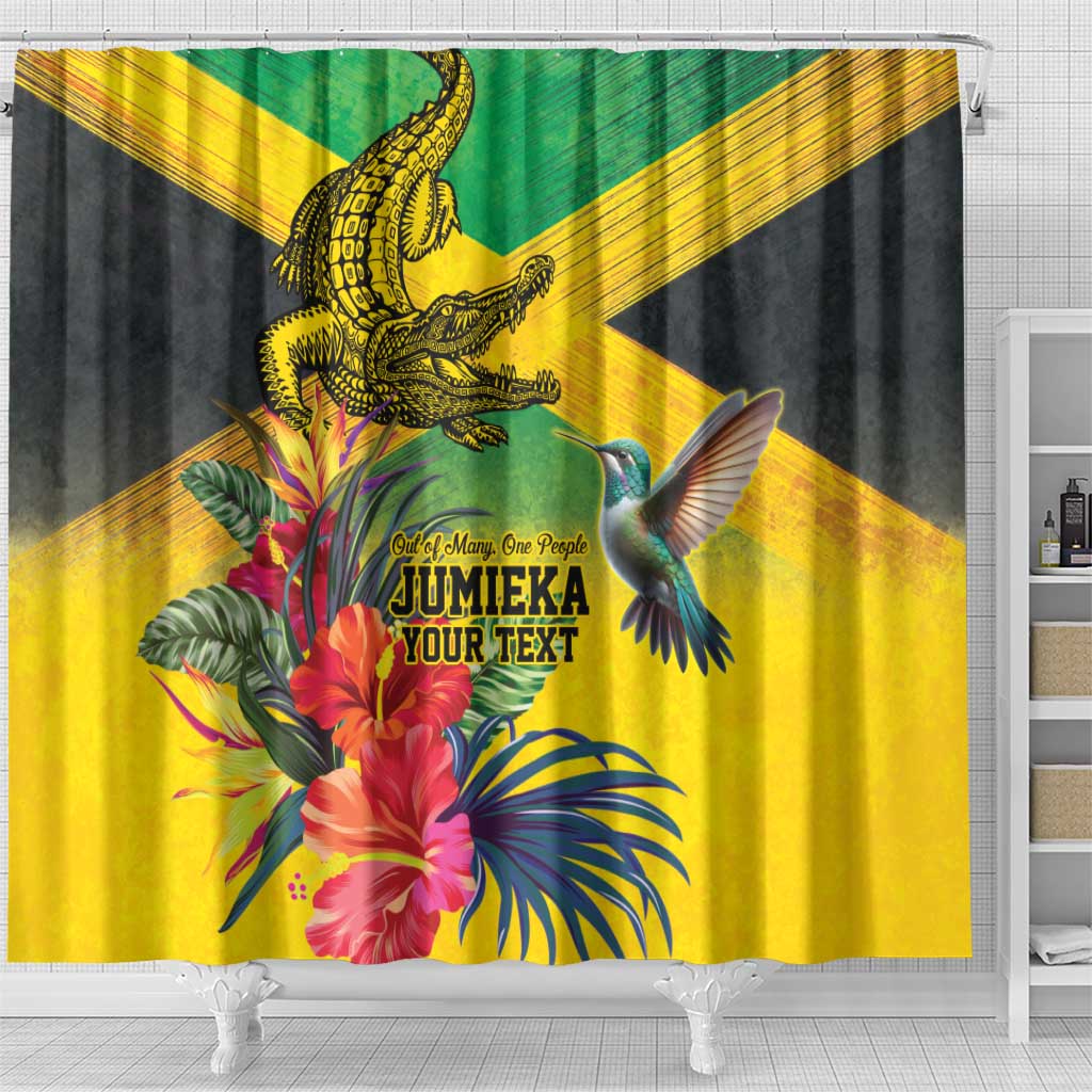 Personalized Jamaica Crocodile Hummingbird Shower Curtain Tropical Flowers Grunge Flag - Wonder Print Shop
