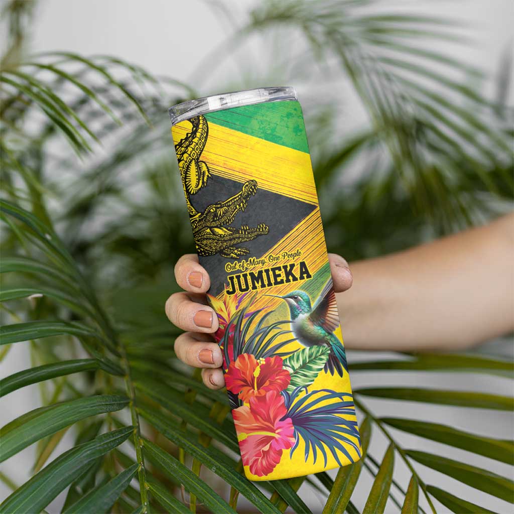 Personalized Jamaica Crocodile Hummingbird Skinny Tumbler Tropical Flowers Grunge Flag - Wonder Print Shop