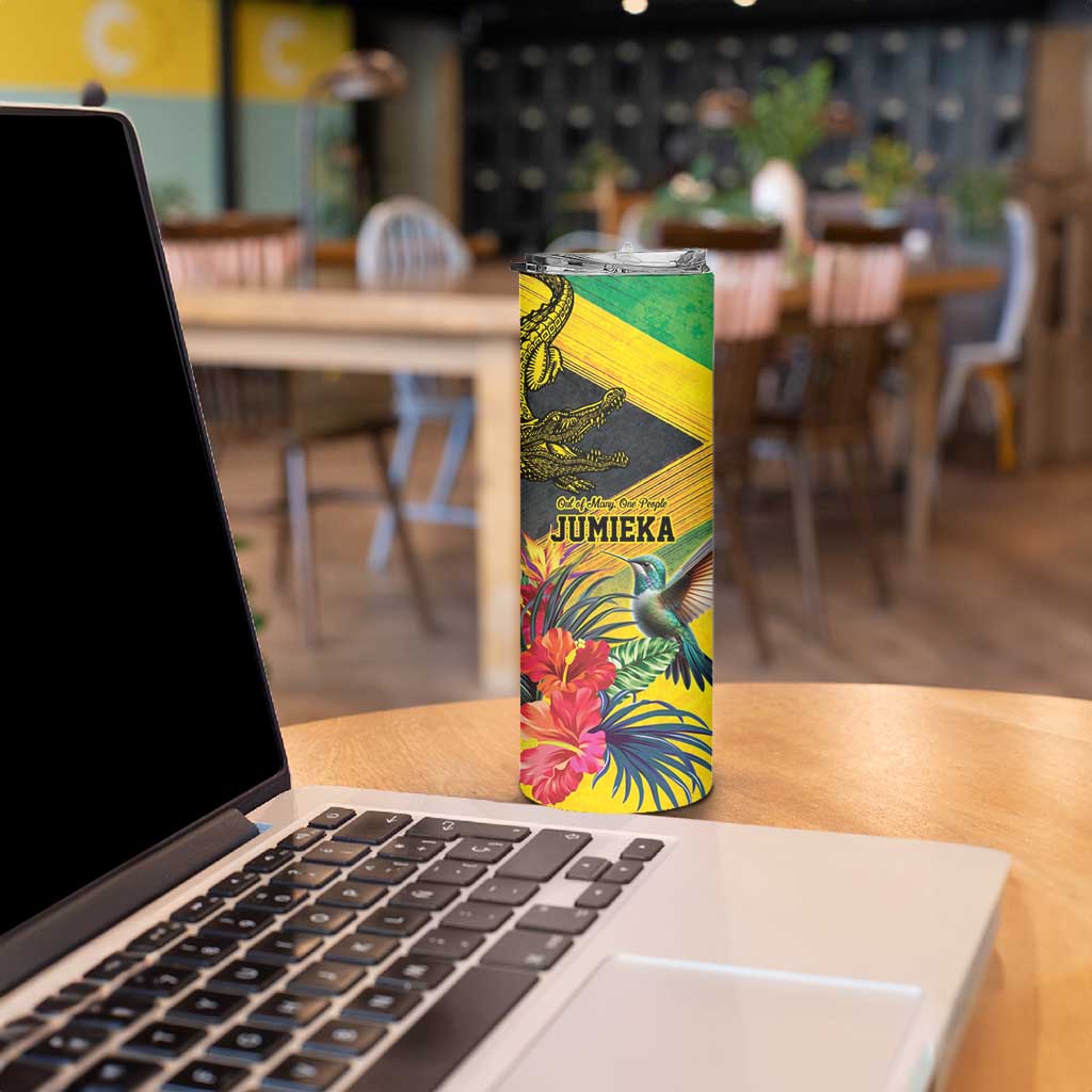 Personalized Jamaica Crocodile Hummingbird Skinny Tumbler Tropical Flowers Grunge Flag - Wonder Print Shop
