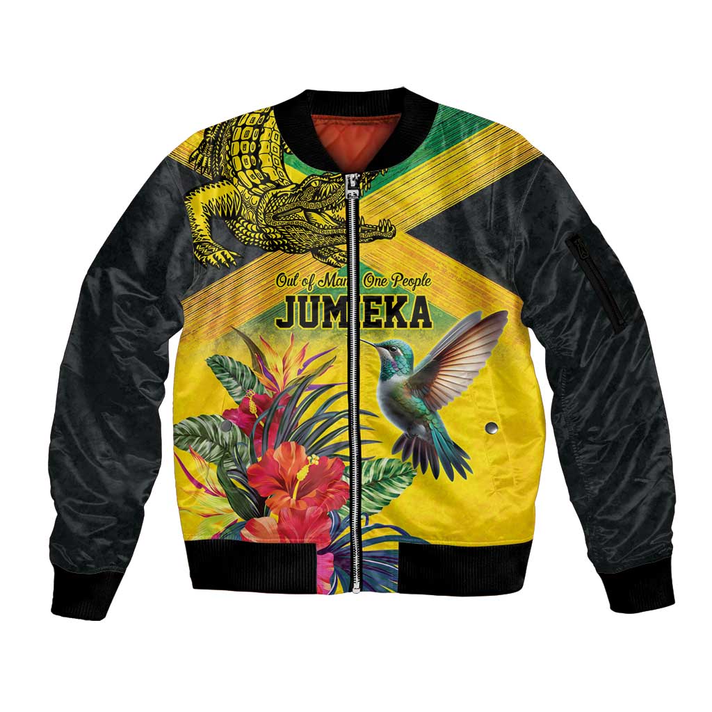 Personalized Jamaica Crocodile Hummingbird Sleeve Zip Bomber Jacket Tropical Flowers Grunge Flag - Wonder Print Shop