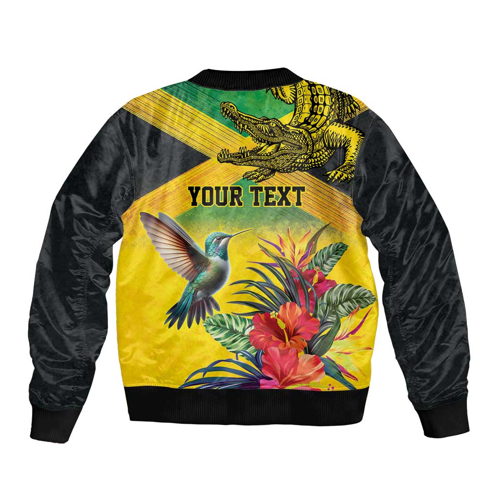 Personalized Jamaica Crocodile Hummingbird Sleeve Zip Bomber Jacket Tropical Flowers Grunge Flag - Wonder Print Shop