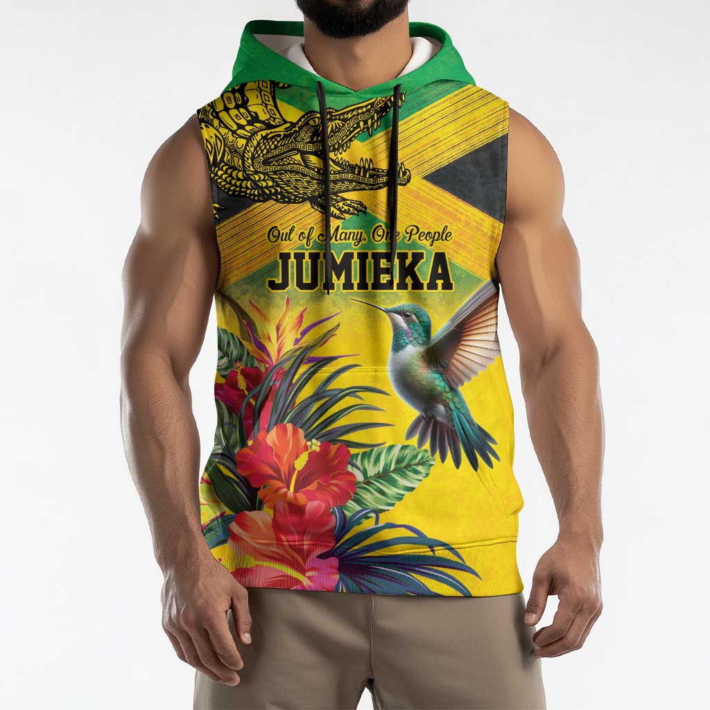 Personalized Jamaica Crocodile Hummingbird Sleeveless Hoodie Tropical Flowers Grunge Flag - Wonder Print Shop