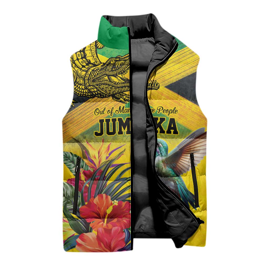 Personalized Jamaica Crocodile Hummingbird Sleeveless Puffer Jacket Tropical Flowers Grunge Flag - Wonder Print Shop