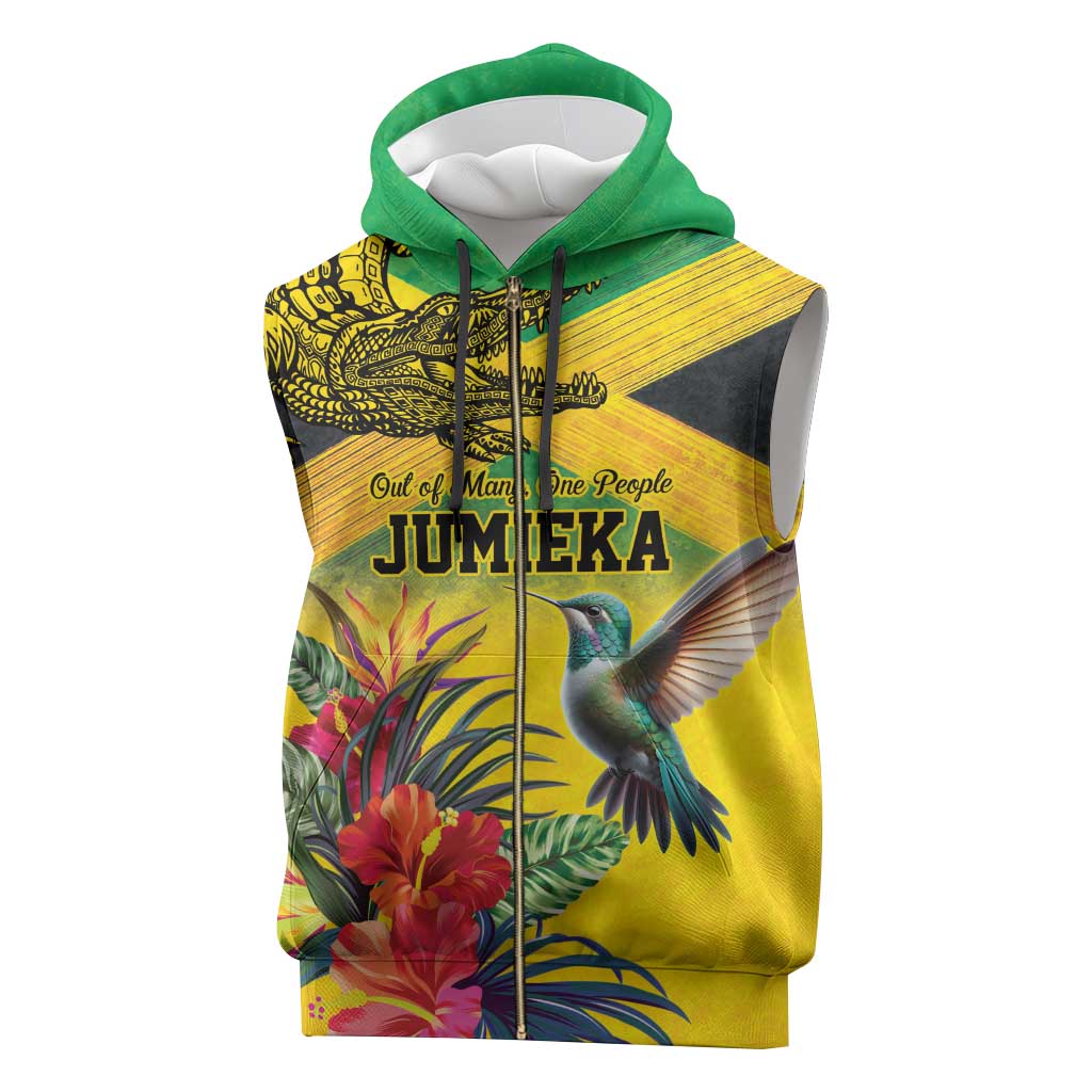Personalized Jamaica Crocodile Hummingbird Sleeveless Zip Hoodie Tropical Flowers Grunge Flag - Wonder Print Shop