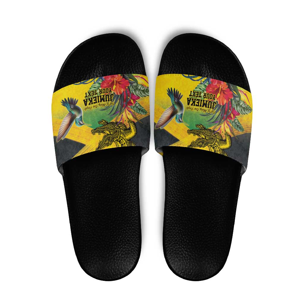 Personalized Jamaica Crocodile Hummingbird Slide Sandals Tropical Flowers Grunge Flag - Wonder Print Shop