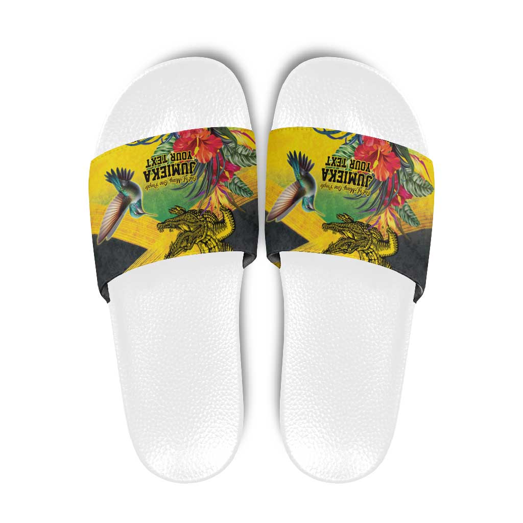 Personalized Jamaica Crocodile Hummingbird Slide Sandals Tropical Flowers Grunge Flag - Wonder Print Shop