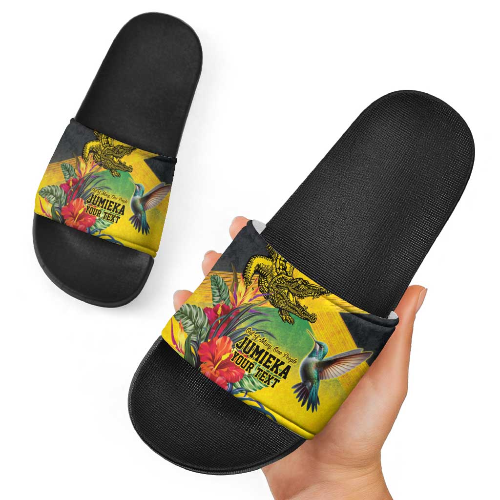 Personalized Jamaica Crocodile Hummingbird Slide Sandals Tropical Flowers Grunge Flag - Wonder Print Shop