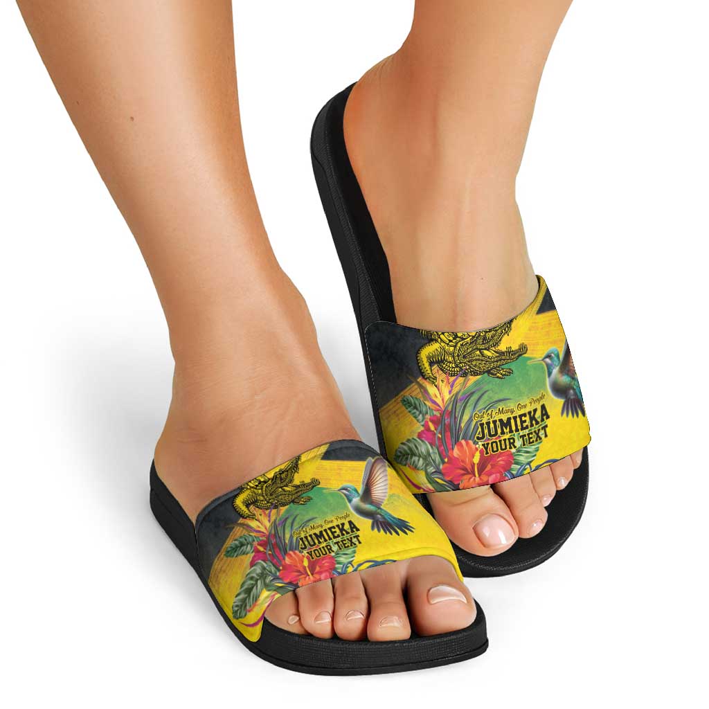 Personalized Jamaica Crocodile Hummingbird Slide Sandals Tropical Flowers Grunge Flag - Wonder Print Shop