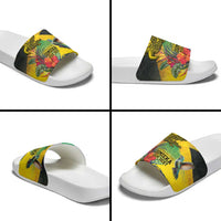 Personalized Jamaica Crocodile Hummingbird Slide Sandals Tropical Flowers Grunge Flag - Wonder Print Shop