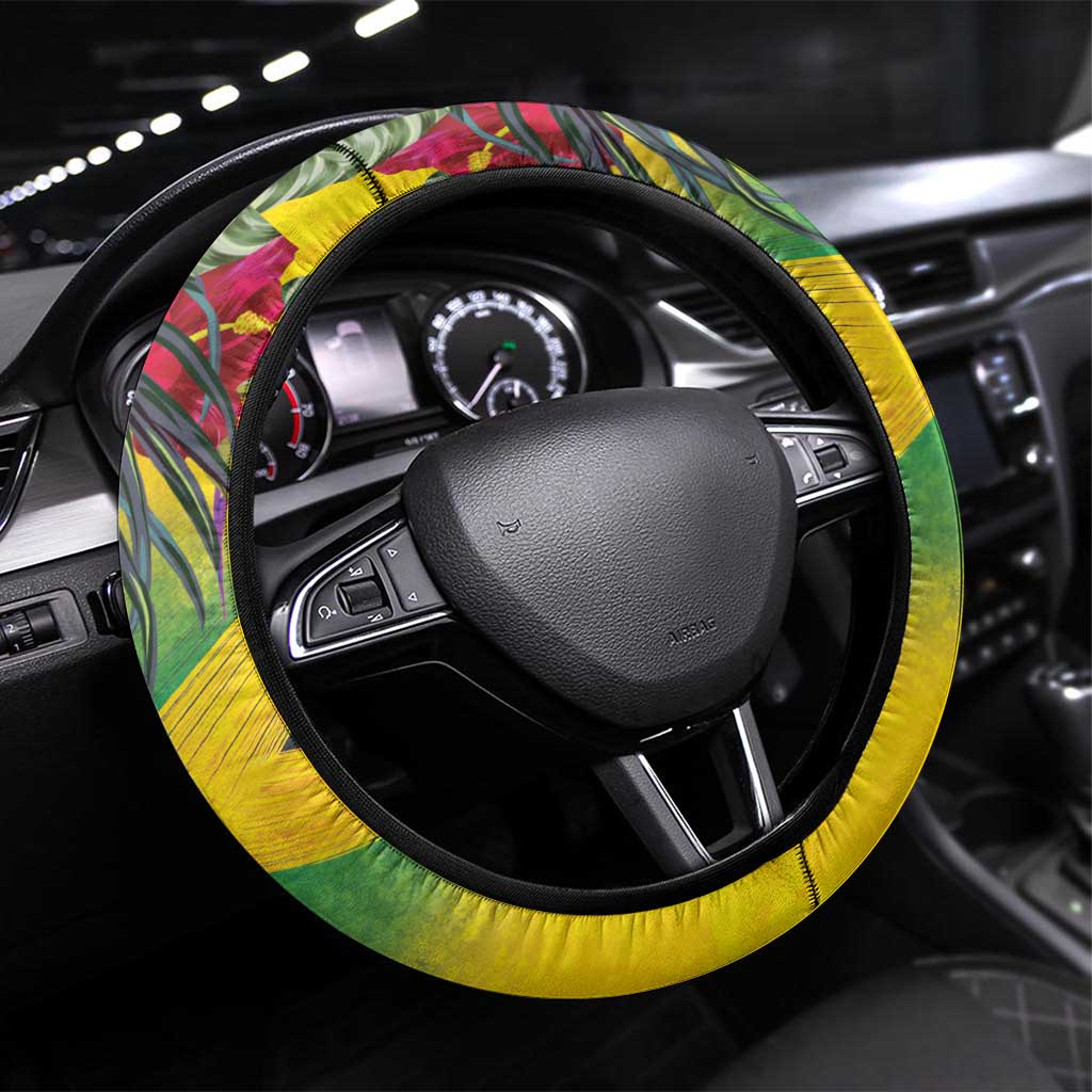 Jamaica Crocodile Hummingbird Steering Wheel Cover Tropical Flowers Grunge Flag - Wonder Print Shop