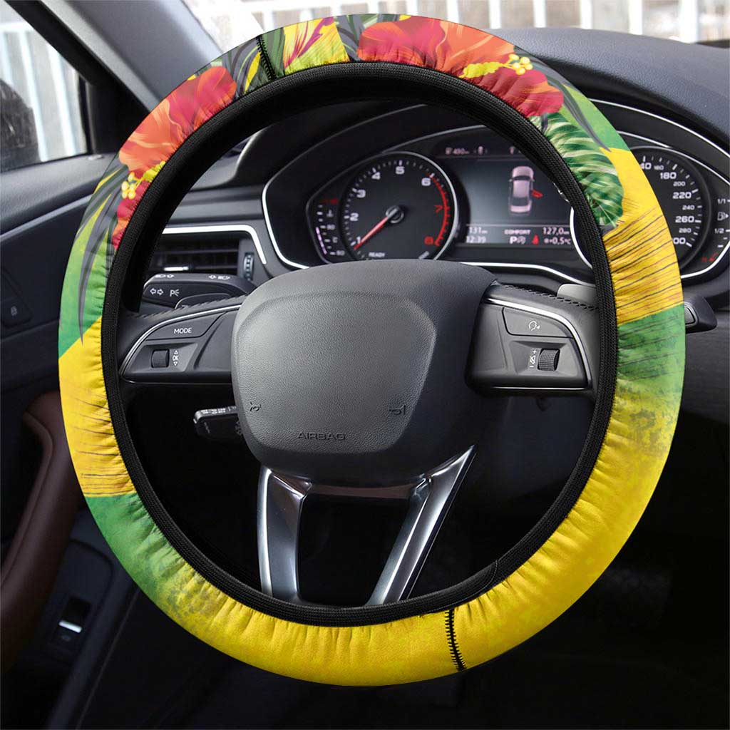 Jamaica Crocodile Hummingbird Steering Wheel Cover Tropical Flowers Grunge Flag - Wonder Print Shop