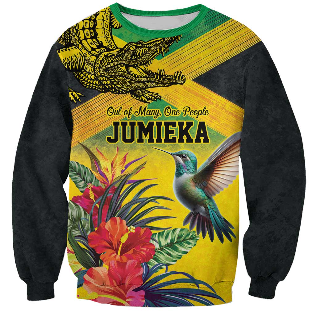 Personalized Jamaica Crocodile Hummingbird Sweatshirt Tropical Flowers Grunge Flag - Wonder Print Shop