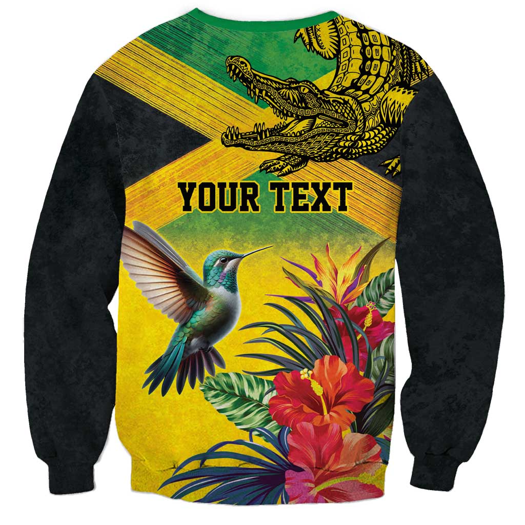 Personalized Jamaica Crocodile Hummingbird Sweatshirt Tropical Flowers Grunge Flag - Wonder Print Shop