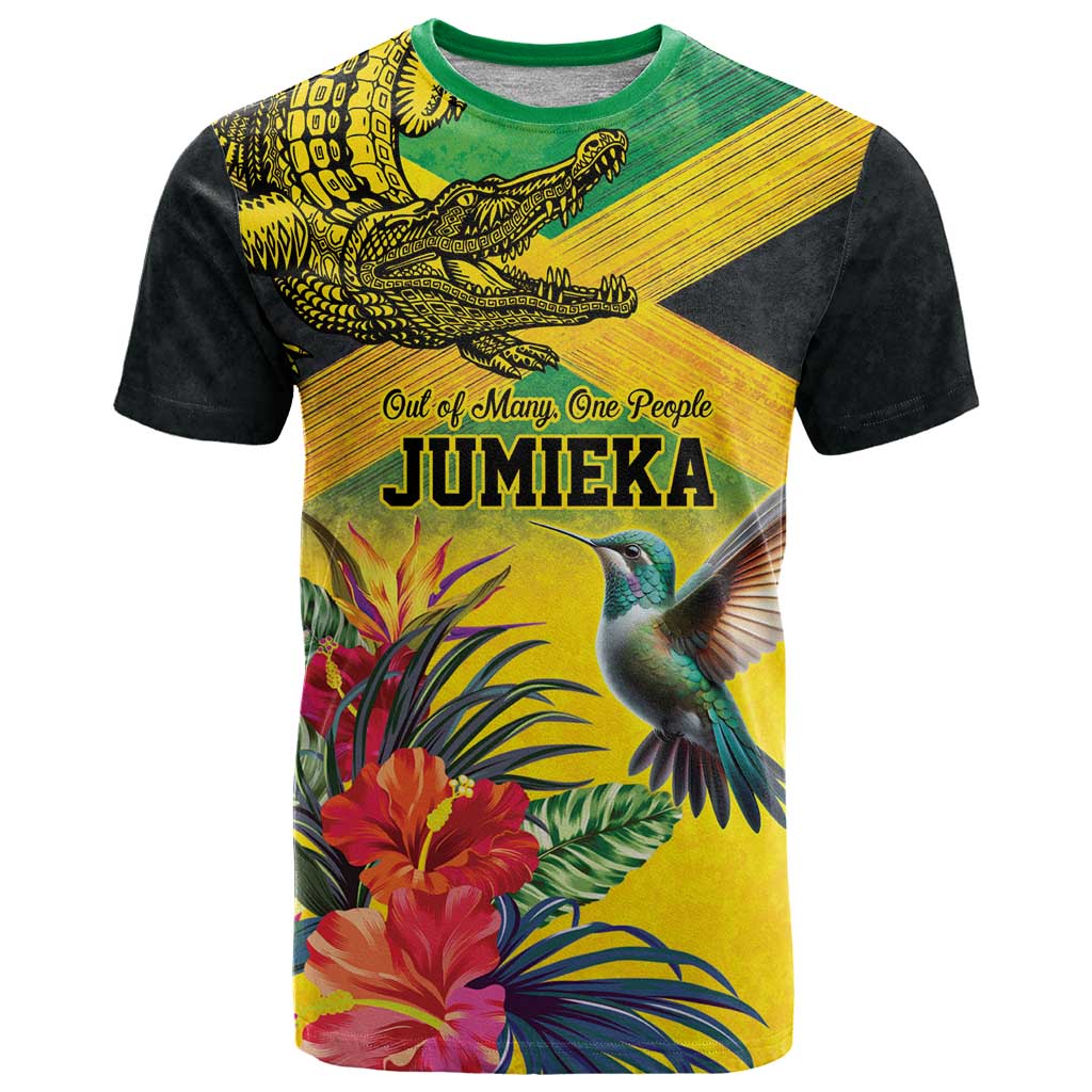 Personalized Jamaica Crocodile Hummingbird T Shirt Tropical Flowers Grunge Flag - Wonder Print Shop
