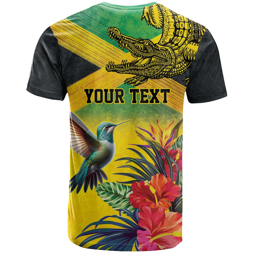 Personalized Jamaica Crocodile Hummingbird T Shirt Tropical Flowers Grunge Flag - Wonder Print Shop