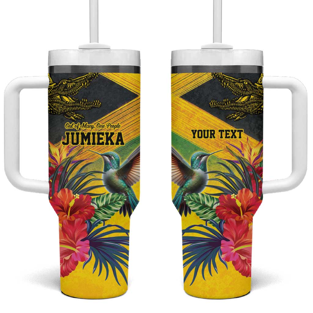 Personalized Jamaica Crocodile Hummingbird Tumbler With Handle Tropical Flowers Grunge Flag - Wonder Print Shop