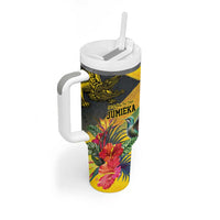 Personalized Jamaica Crocodile Hummingbird Tumbler With Handle Tropical Flowers Grunge Flag - Wonder Print Shop