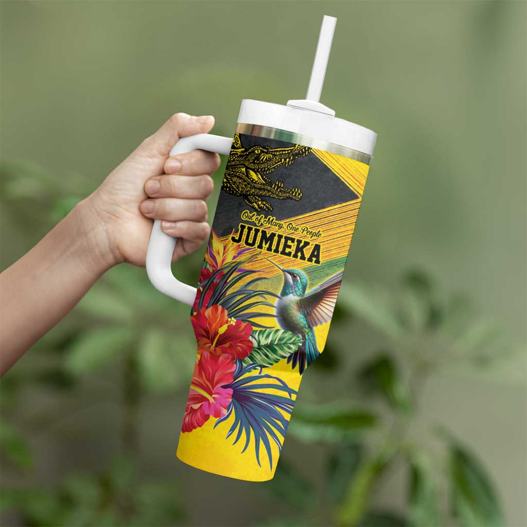 Personalized Jamaica Crocodile Hummingbird Tumbler With Handle Tropical Flowers Grunge Flag - Wonder Print Shop