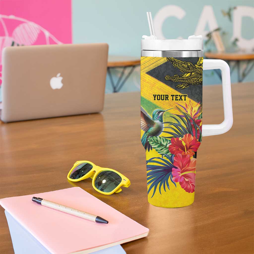 Personalized Jamaica Crocodile Hummingbird Tumbler With Handle Tropical Flowers Grunge Flag - Wonder Print Shop