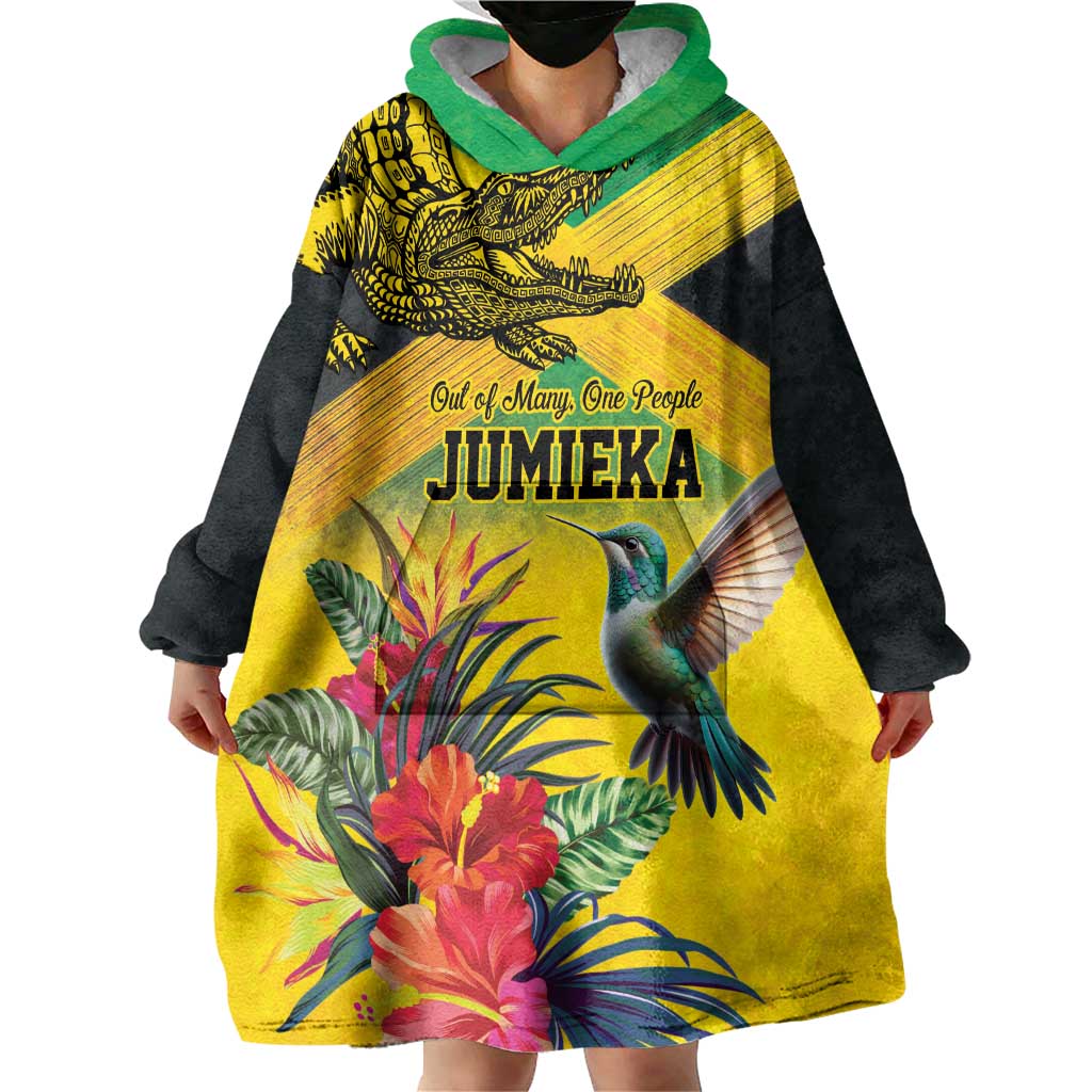 Personalized Jamaica Crocodile Hummingbird Wearable Blanket Hoodie Tropical Flowers Grunge Flag - Wonder Print Shop