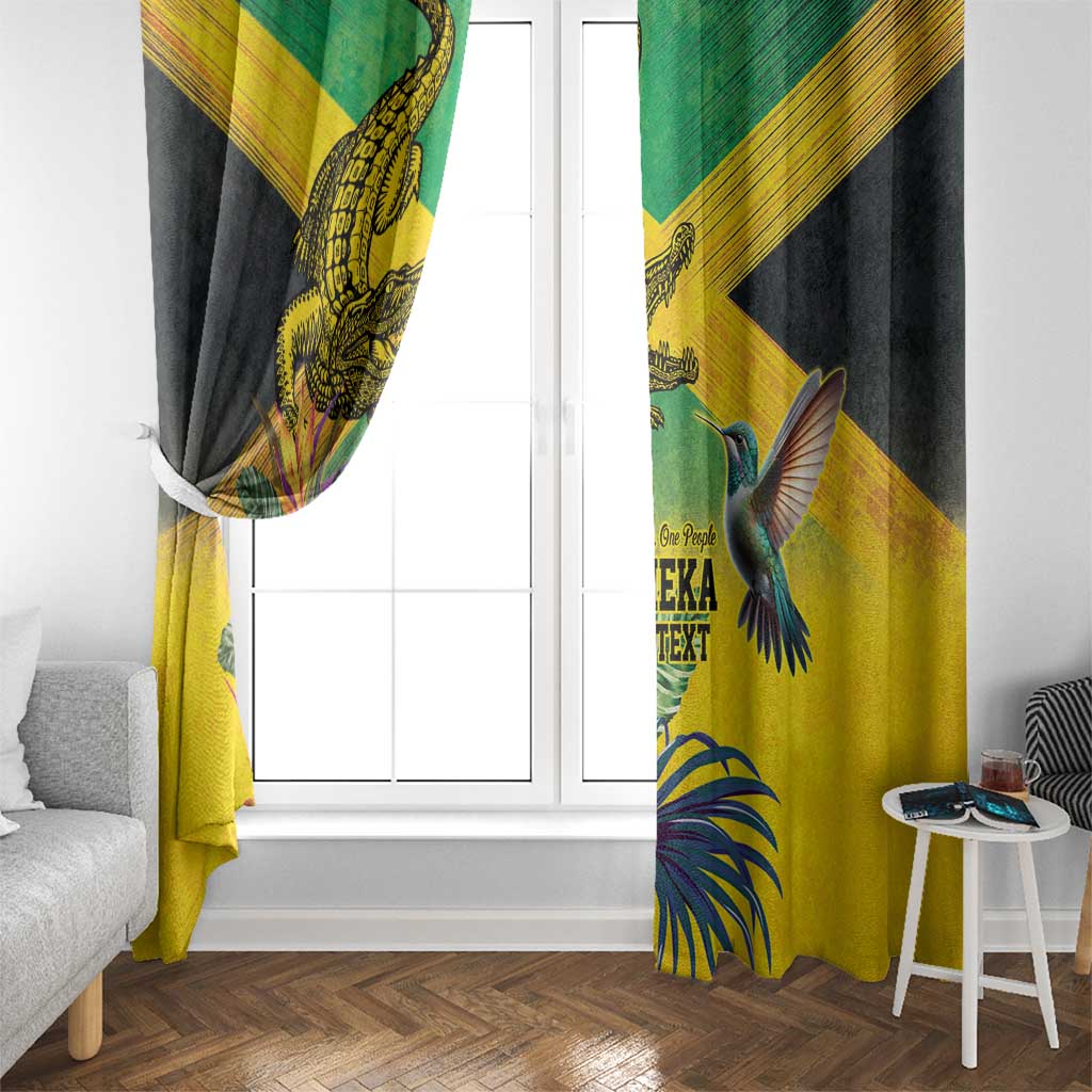Personalized Jamaica Crocodile Hummingbird Window Curtain Tropical Flowers Grunge Flag - Wonder Print Shop